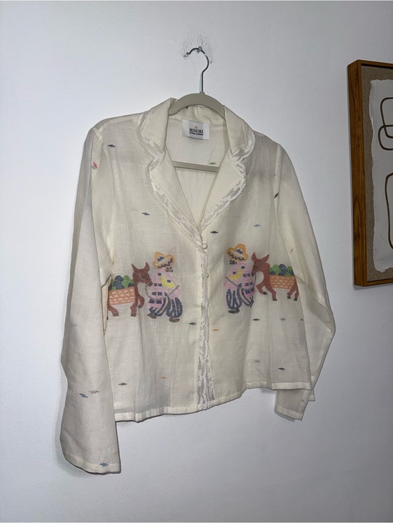 Monki Tops - Monki Cream Sheer Button-Up Blouse with Embroidered Motif